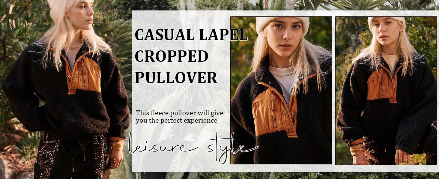 Tanming Womens Cropped Sherpa Fleece Pullover Zip Up Jacket with Pockets Soft Fuzzy Lightweight Warm Coat Outerwear Womenswear Baggy Long Sleeve