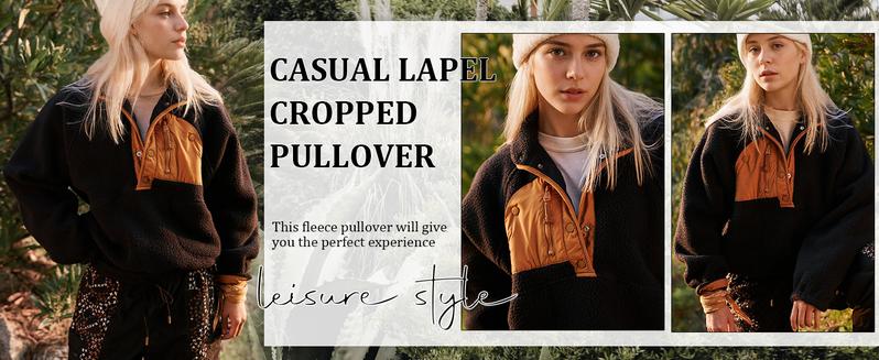 Tanming Womens Cropped Sherpa Fleece Pullover Zip Up Jacket with Pockets Soft Fuzzy Lightweight Warm Coat Outerwear Womenswear Baggy Long Sleeve