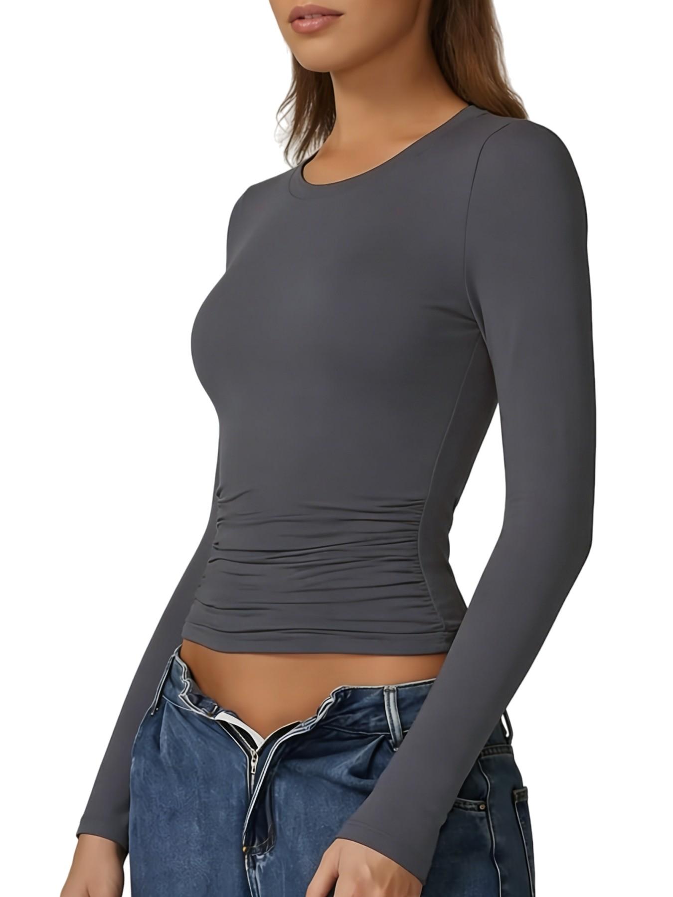 3 Counts Elegant & Versatile Women Plain Crew Neck Long Sleeve Ruched Fitted Slim Fit Loungewear Shirt,Warm Trendy Basic Tops,Breathable Soft Underwear,Cute Womenswear,High Elasticity Shapewear Tee,Suitable For All Seasons