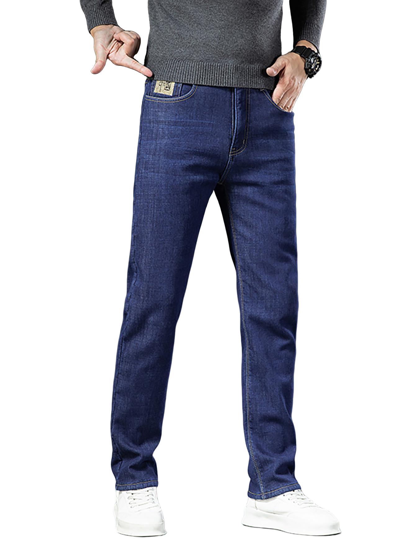 Men's Fleece-Lined Plain Denim Jeans, Winter Casual Friday Loose Straight-Leg Warm Pants, Thickened Thermal Comfortable Men's Clothing