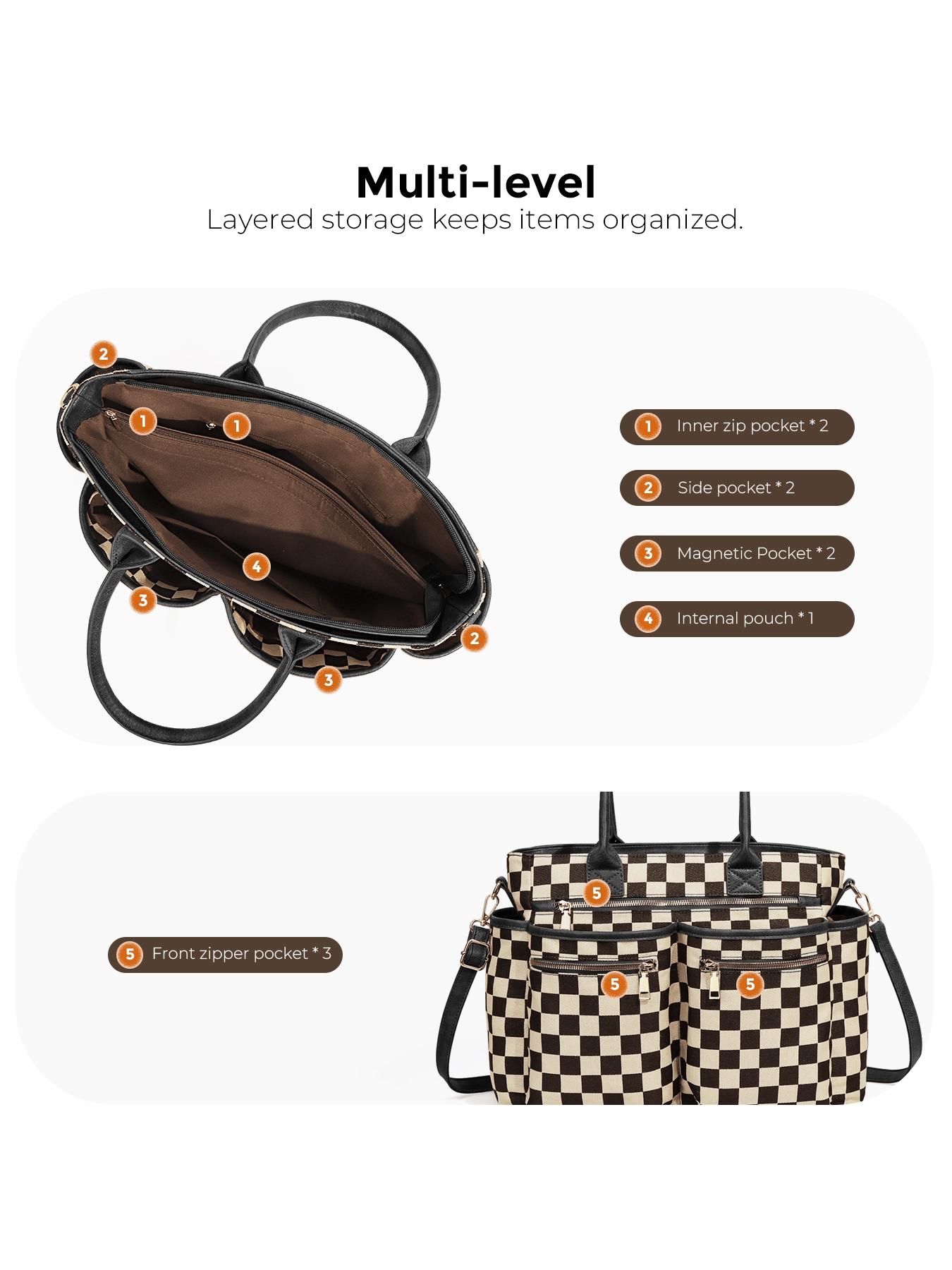 Women's Checkerboard Pattern Zipper Crossbody Tote Bag, Large Capacity Multi-Pocket Design Portable Shoulder Bag For Daily Used, Girl Fashionable Shopping Bag