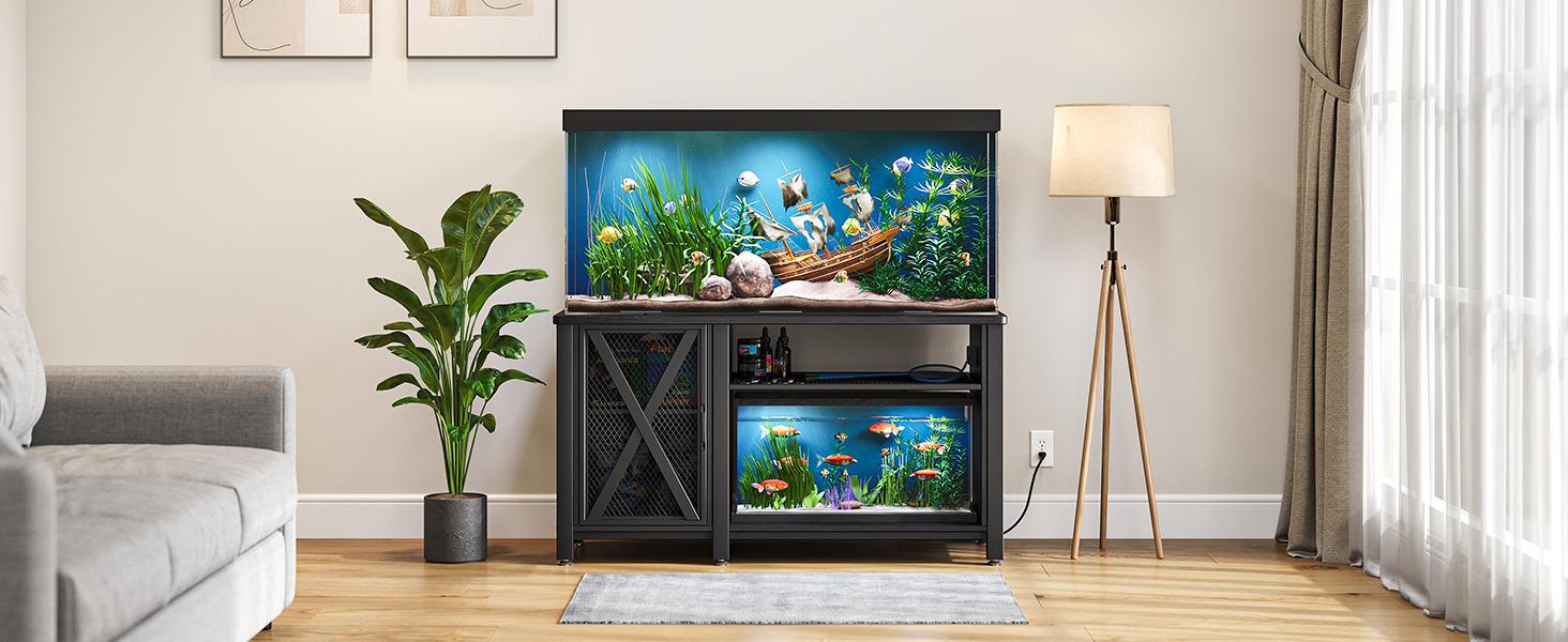 DWVO Heavy Duty Metal Aquarium Stand with Power Outlets, Cabinet for Fish Tank Accessories Storage - Suitable for 55-75 Gallon Fish Tank Stand, Turtle Tank, 860LBS Capacity, Black & White