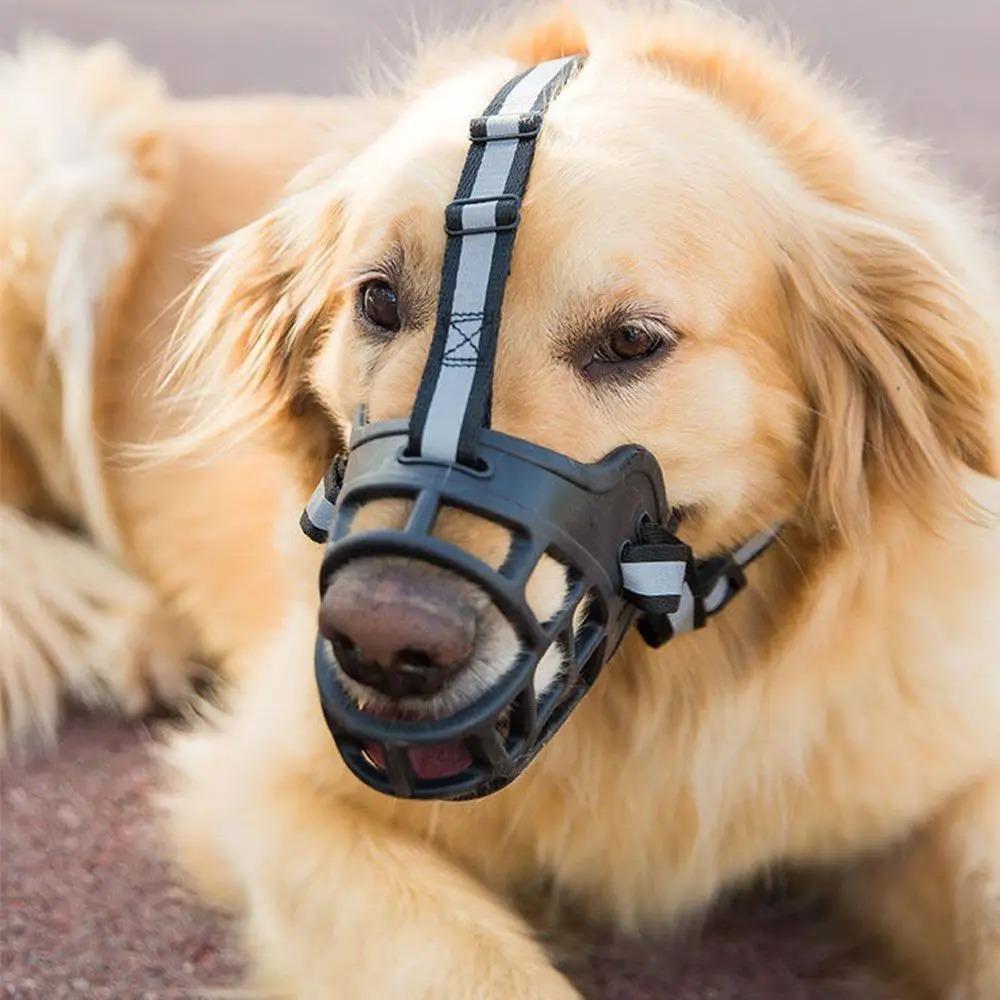 Reflective Silicone Dog Muzzle - Hollow-Out Design, Breathable Basket, Adjustable Size Buckle, Anti-Bite Anti-Chewing Outdoor Accessory for Medium & Large Dogs, Size M