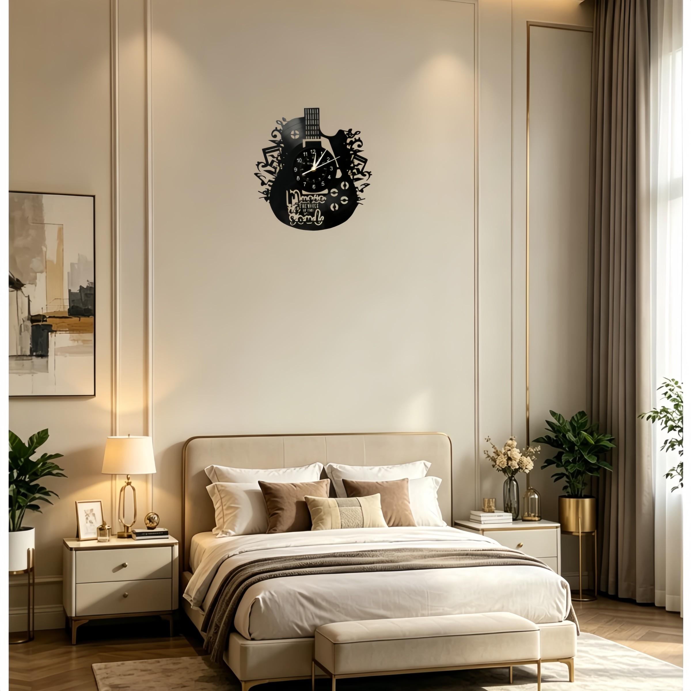 Guitar Shape Vinyl Wall Clock, Musical Notes Design, Inspirational Quote, Artistic Decor for Living Room, Music Room, Studio, Guitar Shop