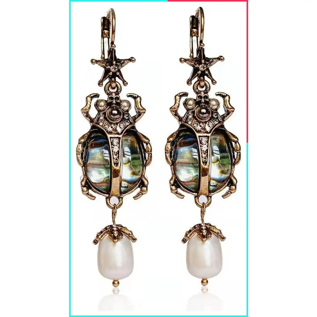 Vintage Scarab Beetle Drop Dangle Earrings for Women with Abalone Shell Inlay, Pearl Drop Accent, Lever-Back Closure, Victorian Gothic Style, Antique Gold Tone