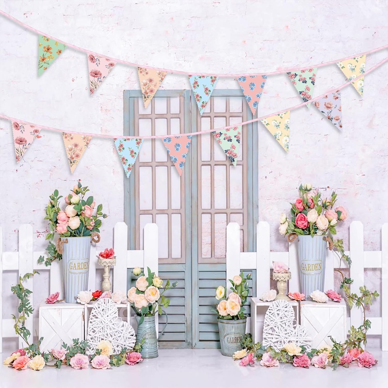 Modern Pre-Strung Synthetic Floral Paper Garland - 2-Count Wildflower Triangle Bunting, 13ft Easy-Hanging Home Decor Banner, Party Decor Props for Mother’s Day, Wedding Events, Default