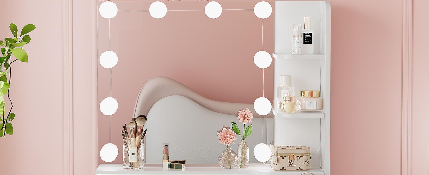 Makeup Vanity Desk with Mirror and Lights, 26.4”Small Vanity Mirror with Lights with Large Drawer and 6 Level Storage, White Vanity with Large Led Mirror with 3 Color Lighting Modes Makeup Vanity Desk with Mirror and Lights, 26.4”Small Vanity Mirror with Lights with Large Drawer and 6 Level Storage, White Vanity with Large Led Mirror with 3 Color Lighting Modes