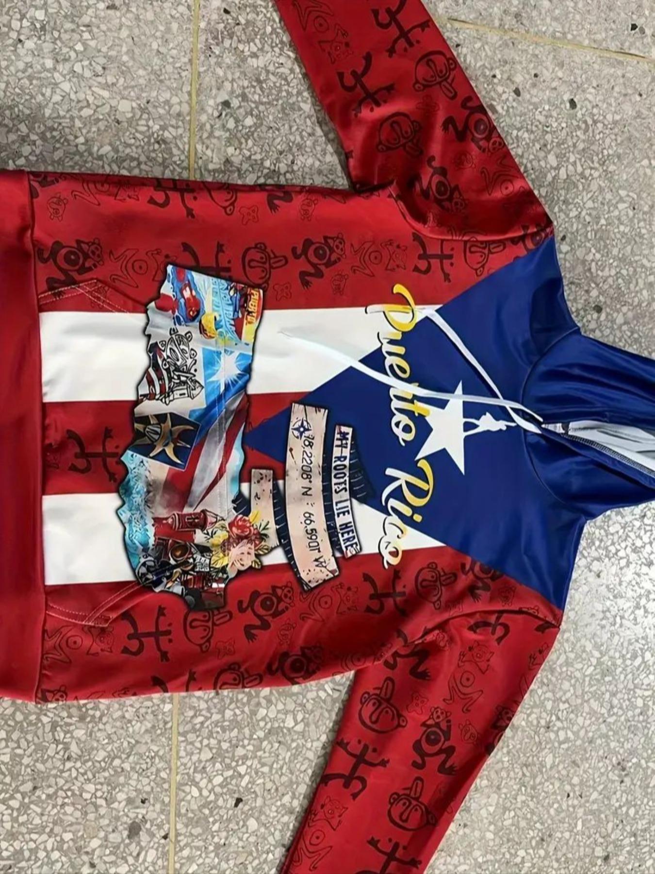 Men's Puerto Rican Flag Graphic Hoodie, Casual Fitted Pullover with Drawstring, Loose Fit Outdoor Fitness Wear, Fall Winter Clothing