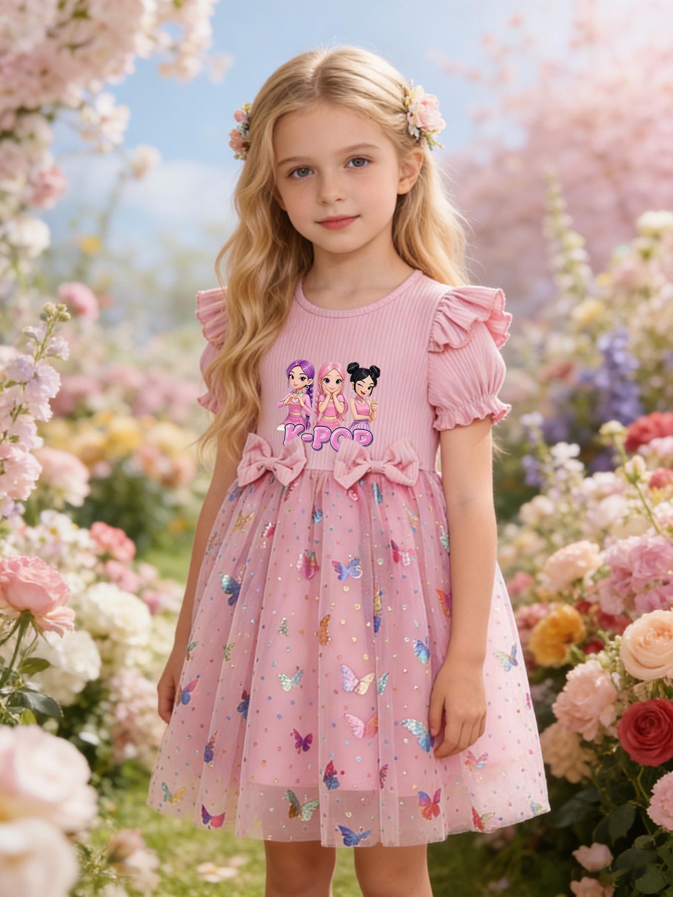 Princess Party Dance Dress, Butterfly Mesh Skirt, Dreamy Elegant Design, K-Pop Girl Group Print, Perfect for Camping Travel Parties