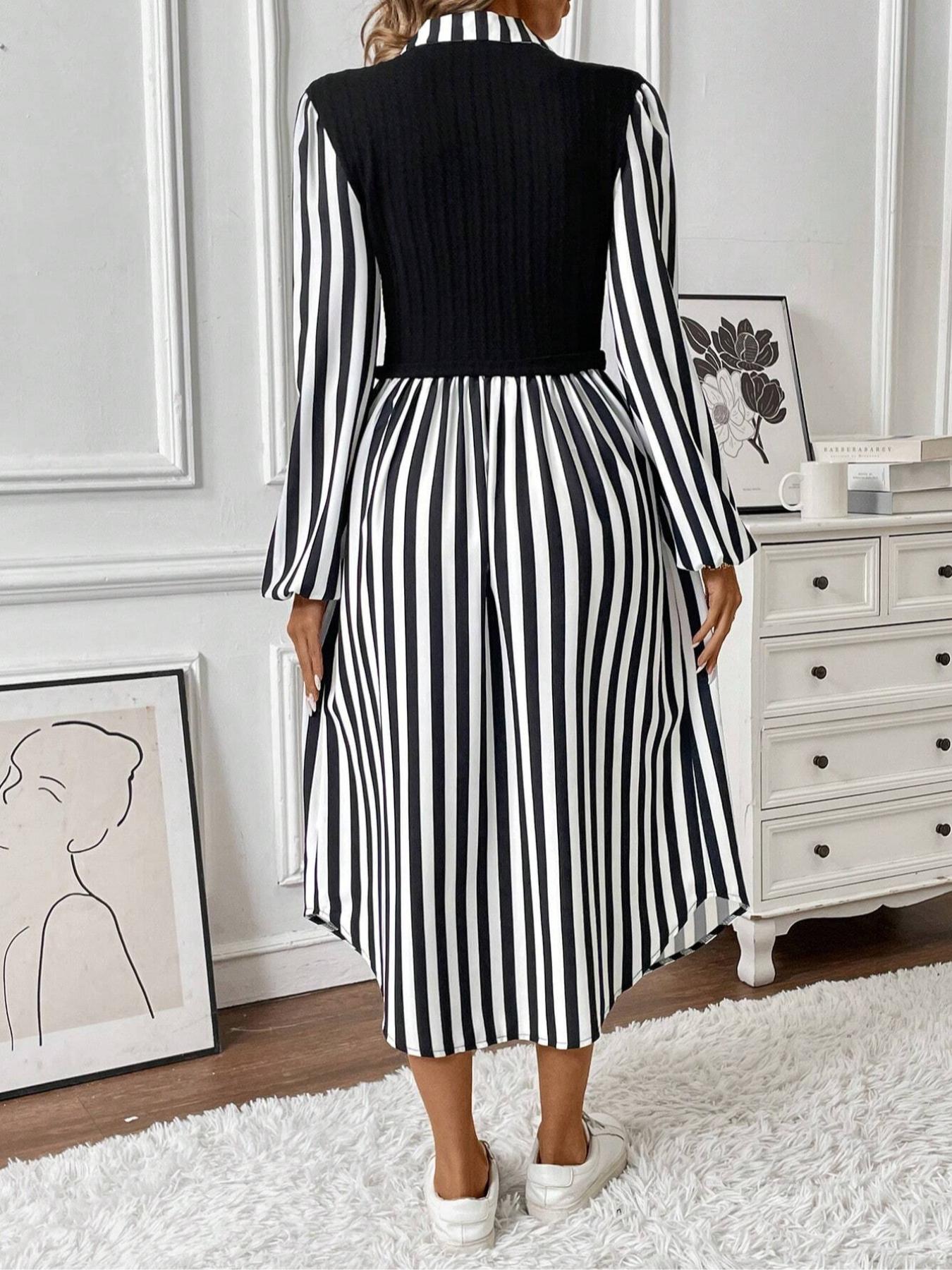 Illusion two-piece set， fashionable striped long sleeved dress with striped patchwork fashion design, A-line skirt and collar, suitable for spring/autumn/winter wear, date travel party indoor fashionable and beautiful dressing