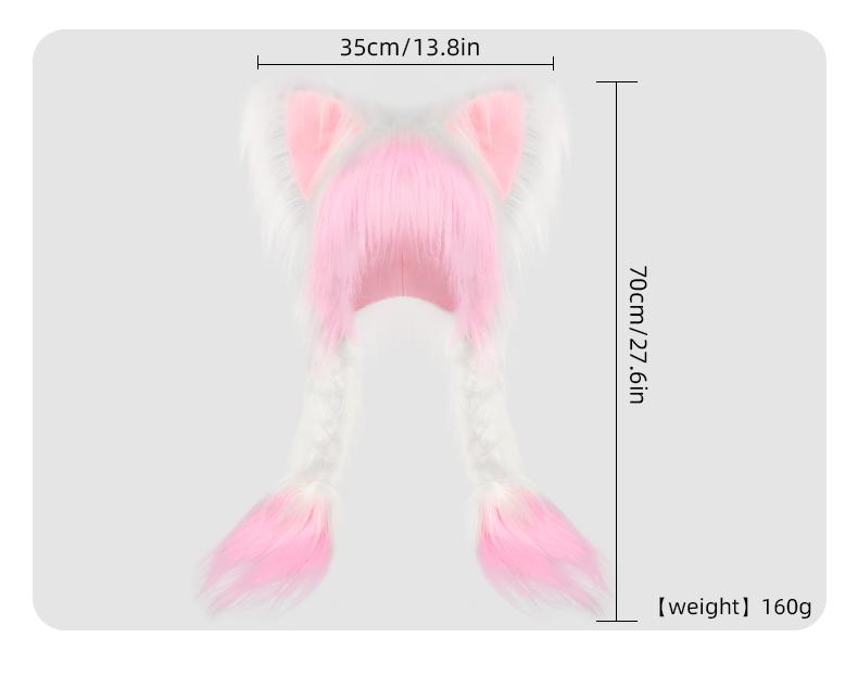 Christmas Gift Idea – Soft Furry Animal Ear Hat with Braids for Cosplay & Winter Party Looks Masks Whitepink