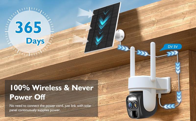 Hawkray Solar Wireless Outdoor Camera Dual-Lens 10X Zoom 2K Resolution 360° Pan Tilt Control Two-Way Audio with Spotlight Siren PIR Motion Detection Card Remote Safety Connection Black Sd Water Proof