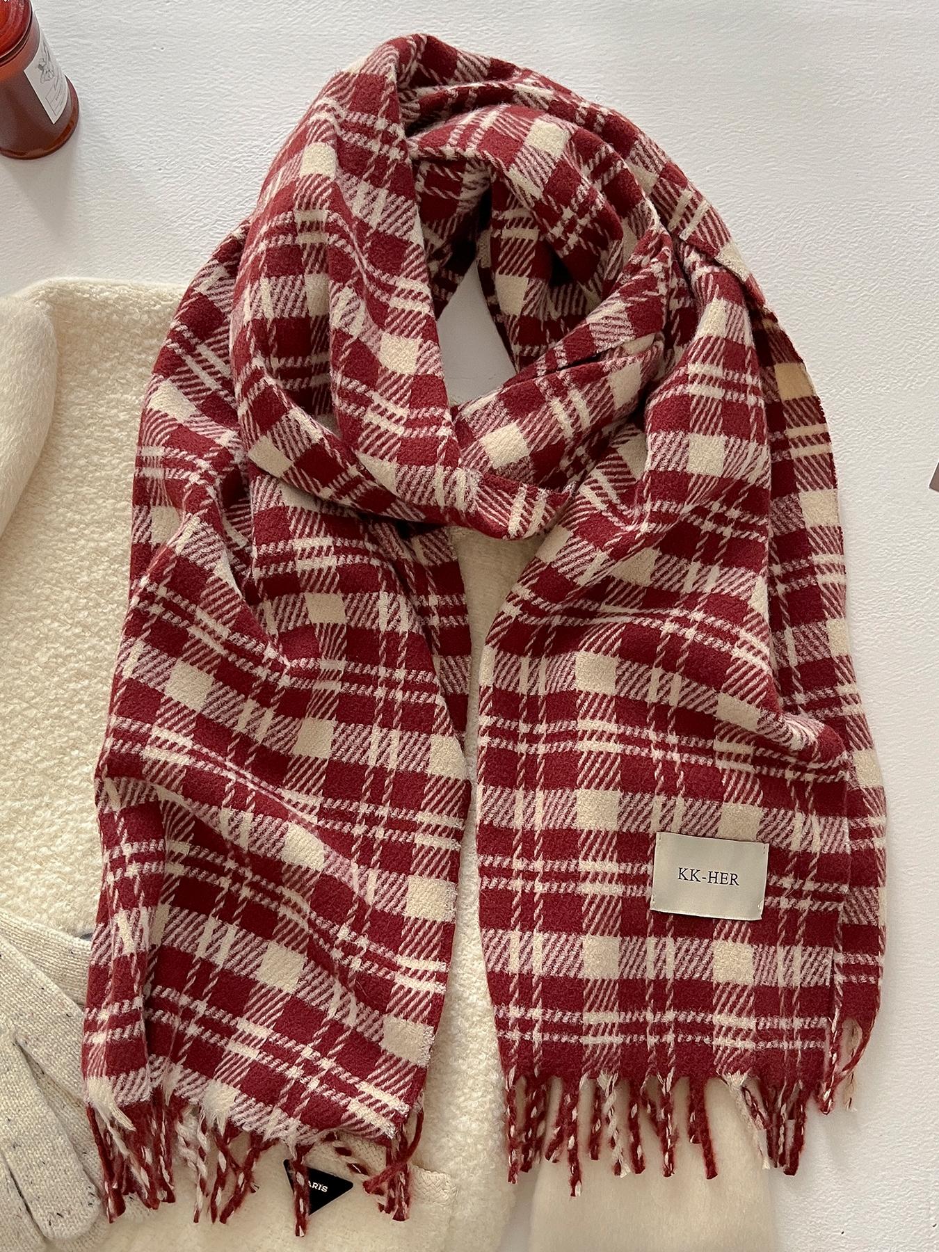 Women's Autumn Winter Casual Fashion Imitation Wool Checkered Scarf, Plaid Woven, Thickened Knit Wrap for Christmas Warmth