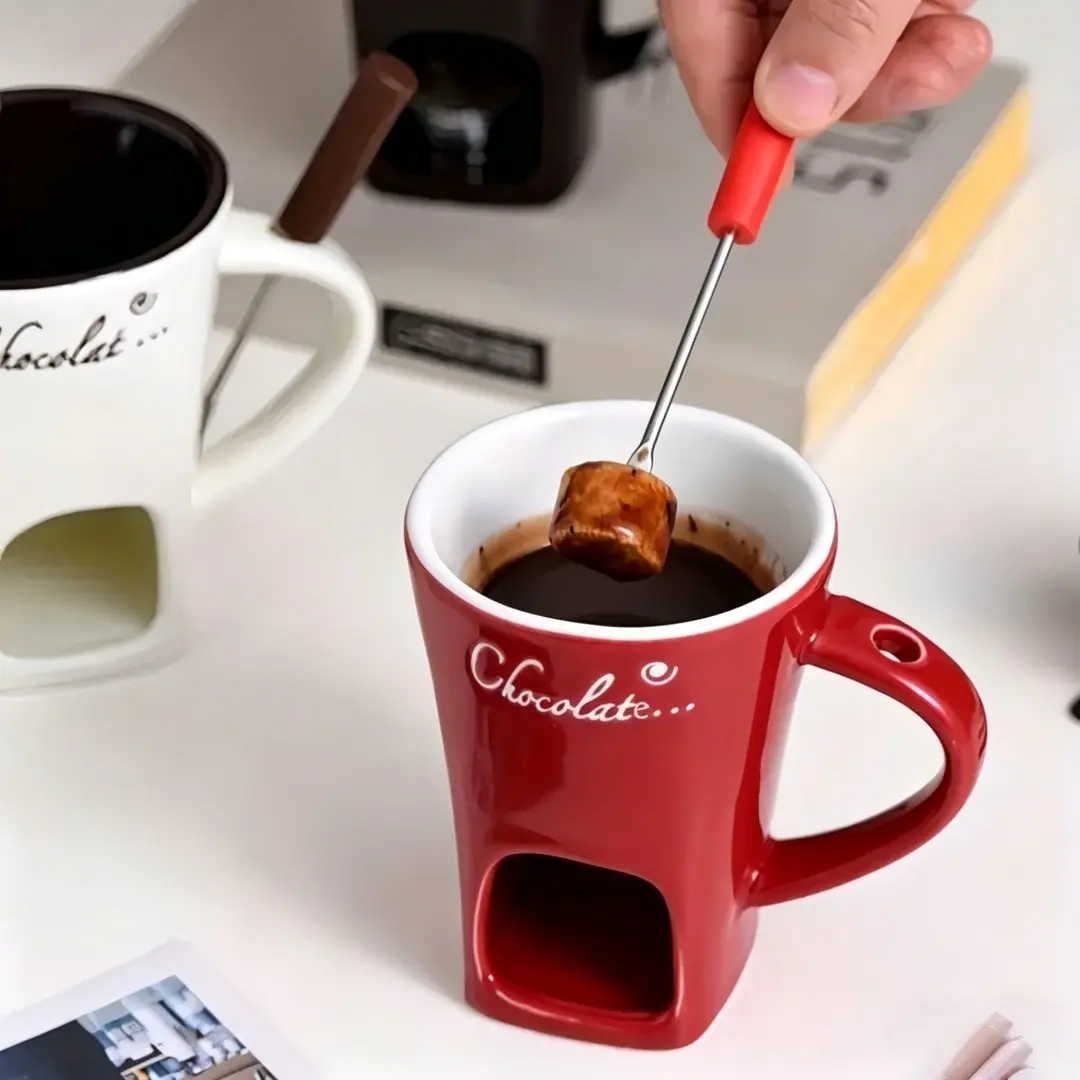 Ceramic Ice Cream Cup with Fork, 1 Set Creative Heat Resistant Coffee Cup with Handle, Chocolate Cup, Drinkware for Home Kitchen, Beverage Cup Set, Mug, Ceramic Cups