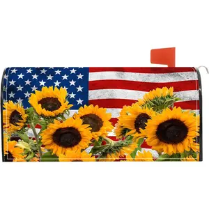 Patriotic American Flag Sunflower Magnetic Mailbox Cover 18"x21" - Post-Letter-Wraps for July-4th-Independence Day Memorial-Day