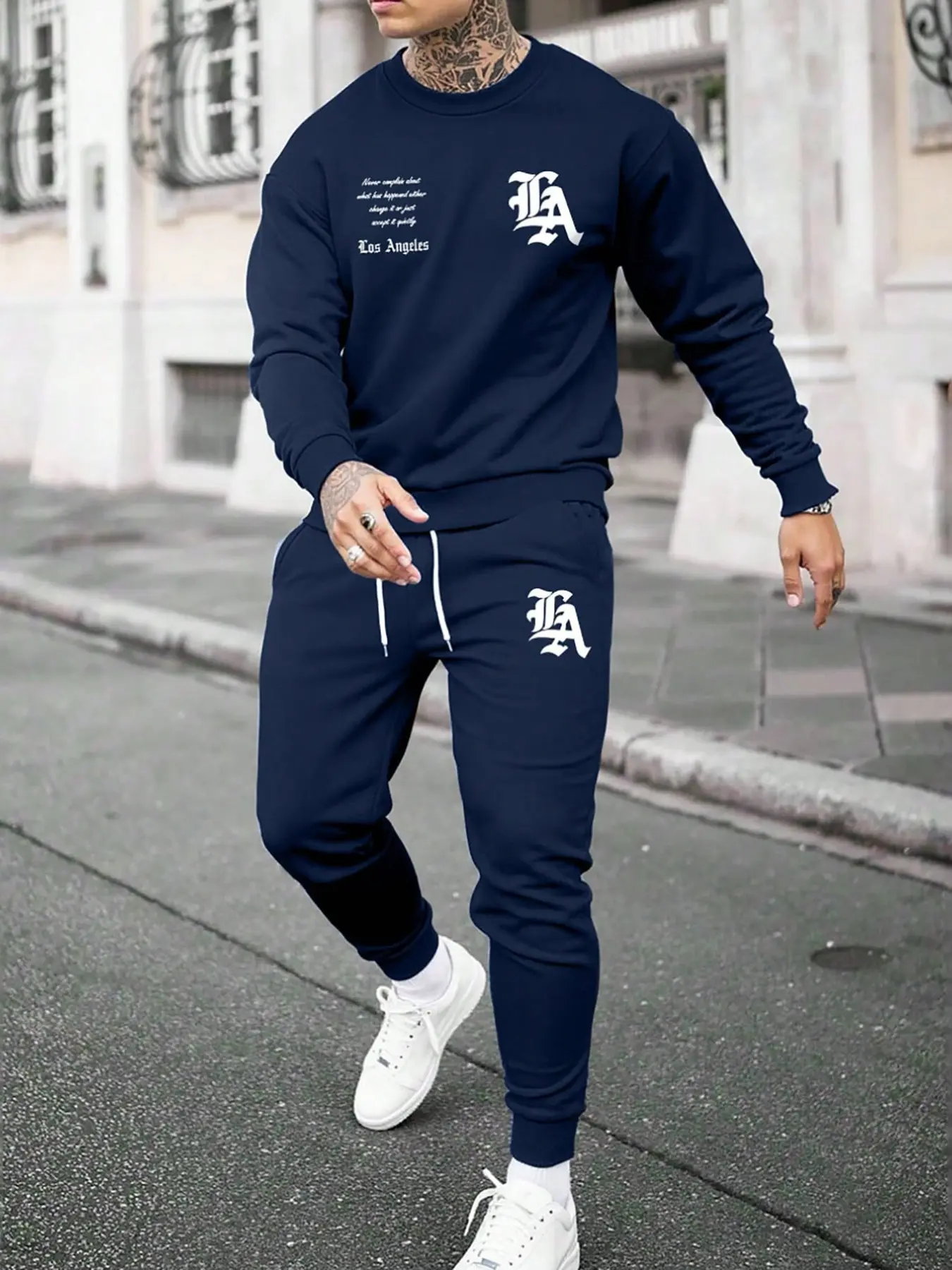 Men's Luxury Streetwear Tracksuit Set LA Letter Print Sweatshirt Jogger Pants 2 Piece Casual Hip Hop Urban Fashion Outfit