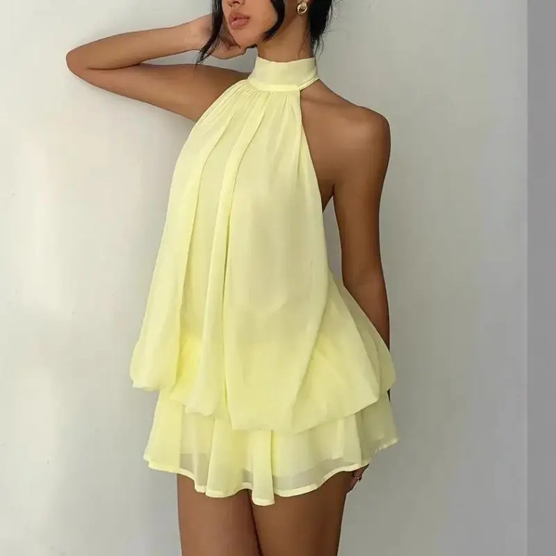 Women's Sexy Halter Neck Chiffon Mini Dress Backless Sleeveless Flowy Ruffle Hem Short Sundress Summer Beach Vacation Resort Wear Boho Party Club Dress Elegant Casual A-Line Tea Dress Holiday Outfit