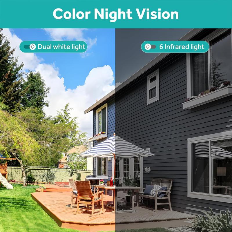 Solar Security Camera Outdoor, Wireless Battery Home Indoor Camera, Solar Panel Autonomous, 360° 2K Full Color Night Vision, PIR Alarm