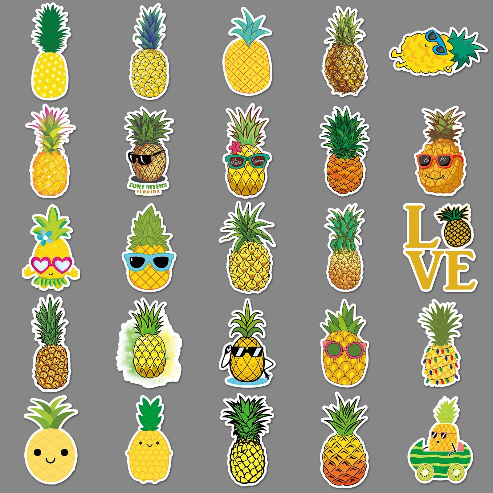 50pcs Pineapple Stickers, Cute Tropical Fruit Waterproof Vinyl Decals, Fun Sunglasses Stickers for Laptop, Water Bottle, Luggage, Summer Hawaii Gift