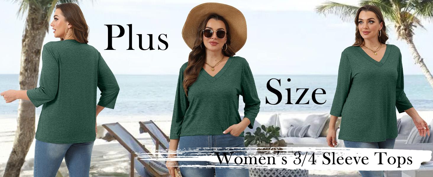 WIHOLL 3/4 Length Sleeve Womens Tops V Neck Casual Tunic Tops Basic Shirts Loose Fit Blouse