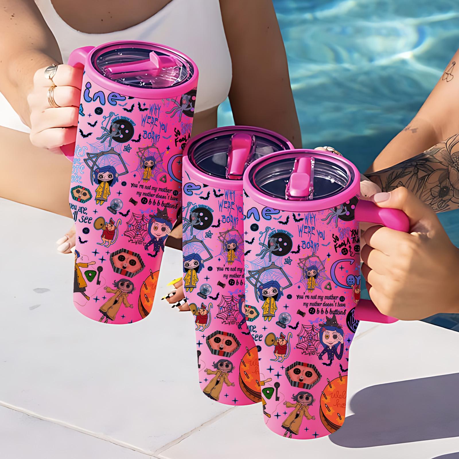 1pc 40oz Stainless Steel Tumbler with Lid & Straw, Coraline Dark Fantasy Style, Vacuum Insulated Thermal Cup, Insulated Travel Drinkware, Keep Hot 12H / Cold 24H, Creepy Cute Travel Mug, Gift for Horror Aesthetic & Animation Enthusiasts