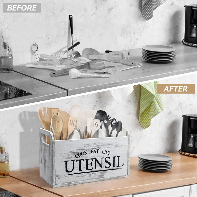 Wooden Kitchen Utensil Holder, 1 Count Large Utensil Organizer, Cooking Tools Storage Rack, Kitchen Utensils Storage Box, Kitchen Pantry Storage