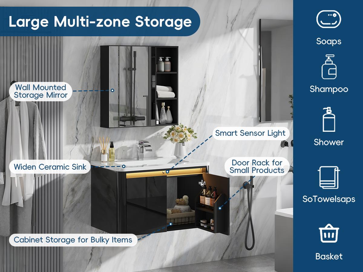 30-in Wood Floating Bathroom Vanity Set - Storage Cabinet, Sink, Faucet, Mirror, Glossy Wall Cabinets, LED Sensor Light, Wall-Mounted Design, Soft-Close Drawers for Organization, Bathroom Storage Cabinet,dorm essentials,home decor 30-in Wood Floating Bathroom Vanity Set - Storage Cabinet, Sink, Faucet, Mirror, Glossy Wall Cabinets, LED Sensor Light, Wall-Mounted Design, Soft-Close Drawers for Organization, Bathroom Storage Cabinet,dorm essentials,home decor