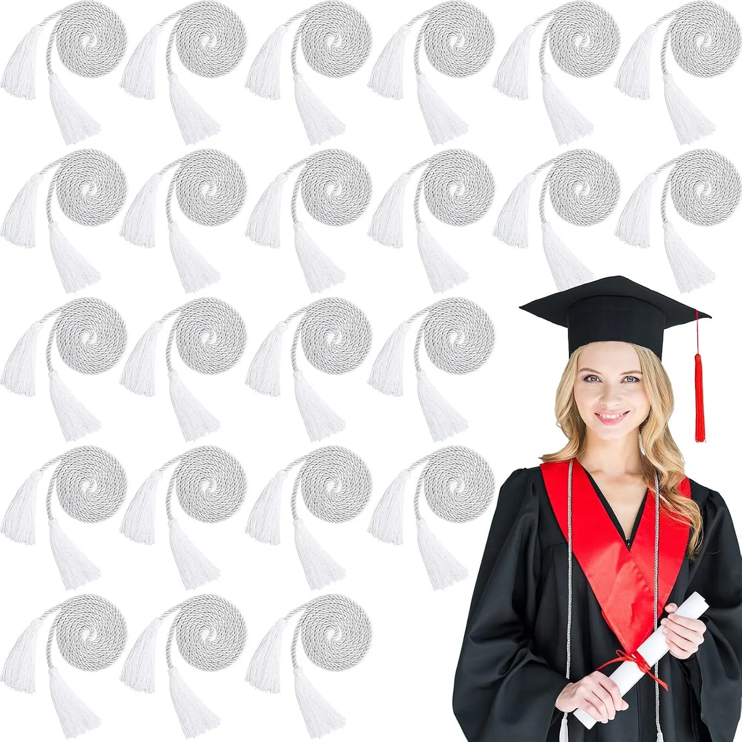 48 Pcs Graduation Cords, Honor Cords with Tassel for Bachelor, Master, Doctor Graduation Ceremonies (White)