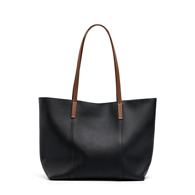 1pc Cowhide Leather Handmade Tote Bag, Spacious Commuter Handbag for Office Ladies, Stylish Daily Single Shoulder Bag with Inner Pouch.