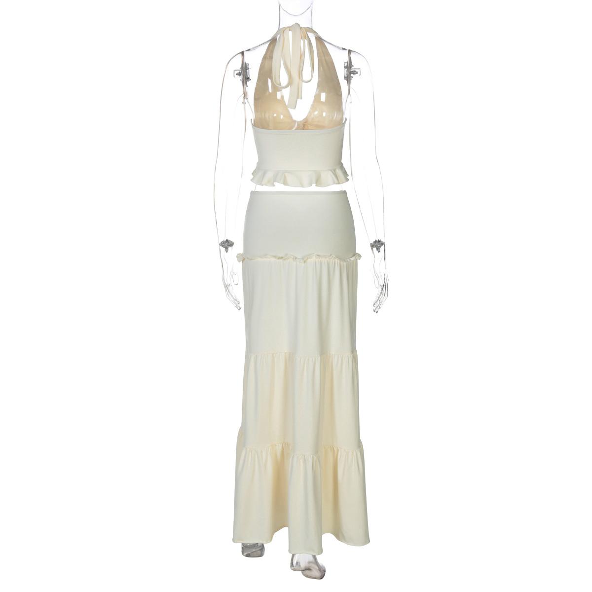 Solid Color Backless Crop Top & Ruched Skirt Two Pieces Set Women's Sleeveless Halter Neck Top & Skirt Ladies Summer Fall Clothes for Party Holiday Vacation Beach Boho Valentine's DayGift Outfit SpringStatements