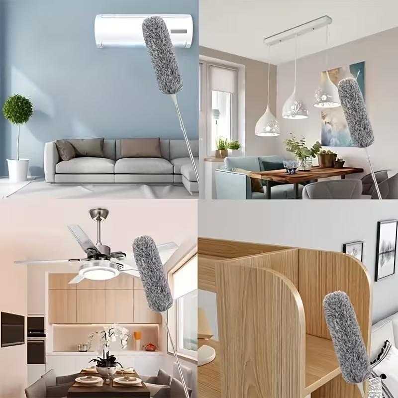 1-in-1 Retractable Extension Pole & Dusting Brush with Ergonomic Handle - Heavy-Duty Telescopic Pole, Washable Microfiber Heads for Wet/Dry Use, Multi-Purpose Ceiling/Furniture Cleaning - Space-Saving Duster, Ceiling Fan Duster for Hard-to-Reach Area