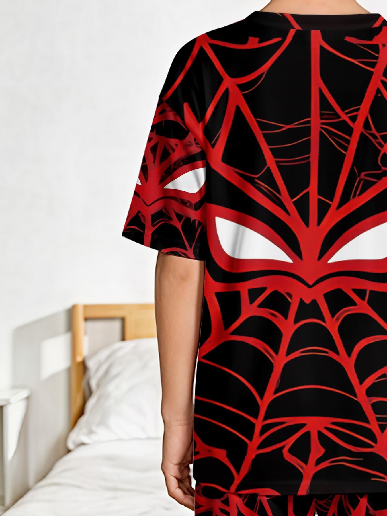 Spider Web Cool Hero 2-Piece Boys' Digital Print Short-Sleeve Pajamas with Long Sleep Pants, a stylish, trendy, casual, comfortable and soft pajama set, suitable for boys' sleep and home leisure, a perfect gift for boys