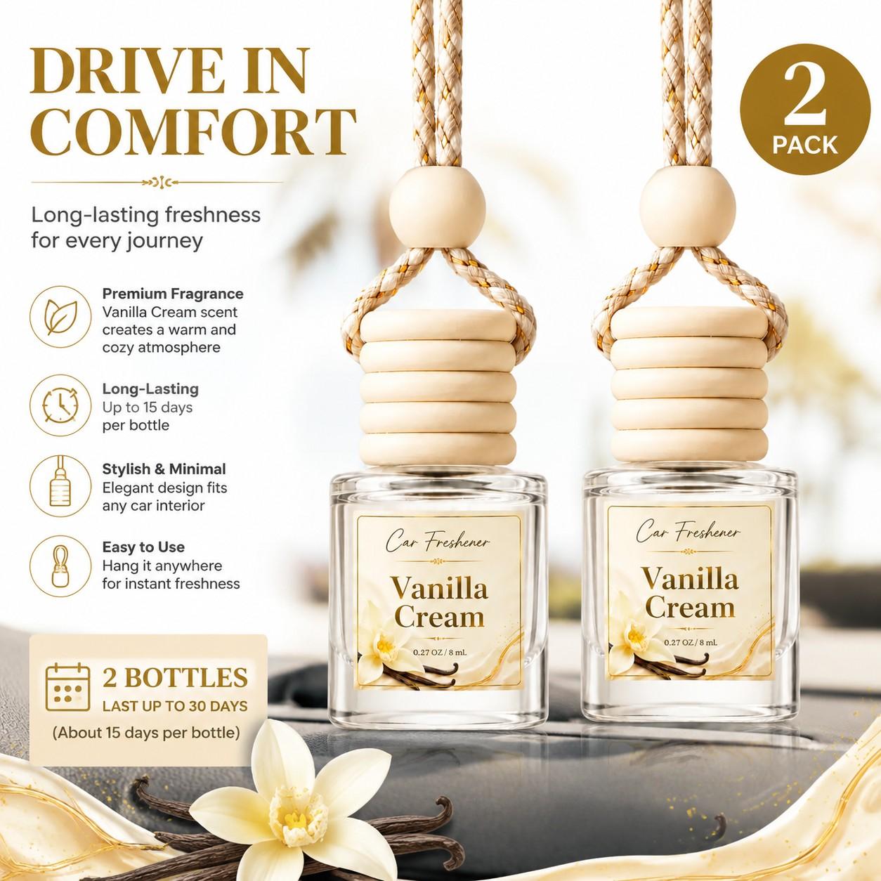 2 Pack Vanilla Cream Car Air Freshener, Car Perfume, Long Lasting Sweet Scent, 8ML Bottle, Hanging Car Freshener for Auto Interior, Car Accessories