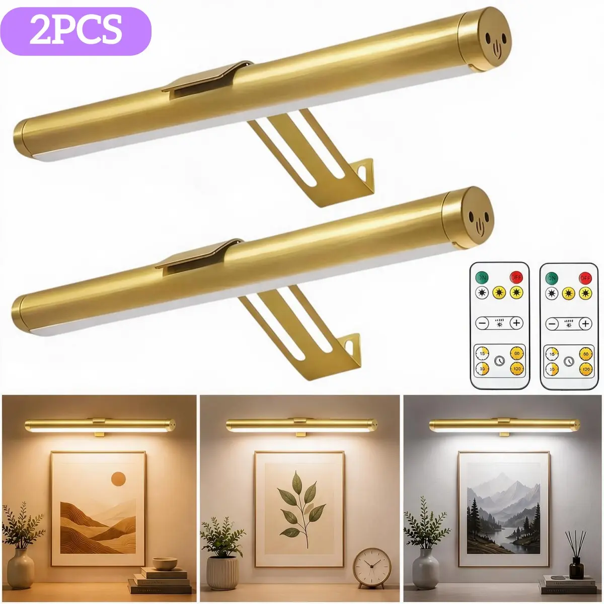 2PCS Wireless Mirror Front Light4000mAh Rechargeable Battery,Adjustable Brightness Gallery Wall Decor LampRemote Control, USB Charging,3 Color TemperatureTimable,Ambient Light for Bathroom Kitchen Living Room Bedroom,Ideal Halloween Christmas Festival Gif