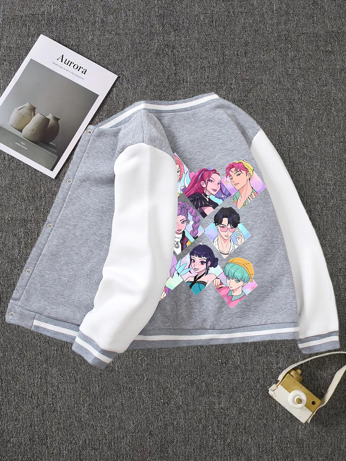 Girls' Spring & Fall Fashion Kpop Series Print Fleece Lined Jacket, Cute Letter Pattern Baseball Coat, Casual Preppy Style Outerwear, Casual Comfy Jacket