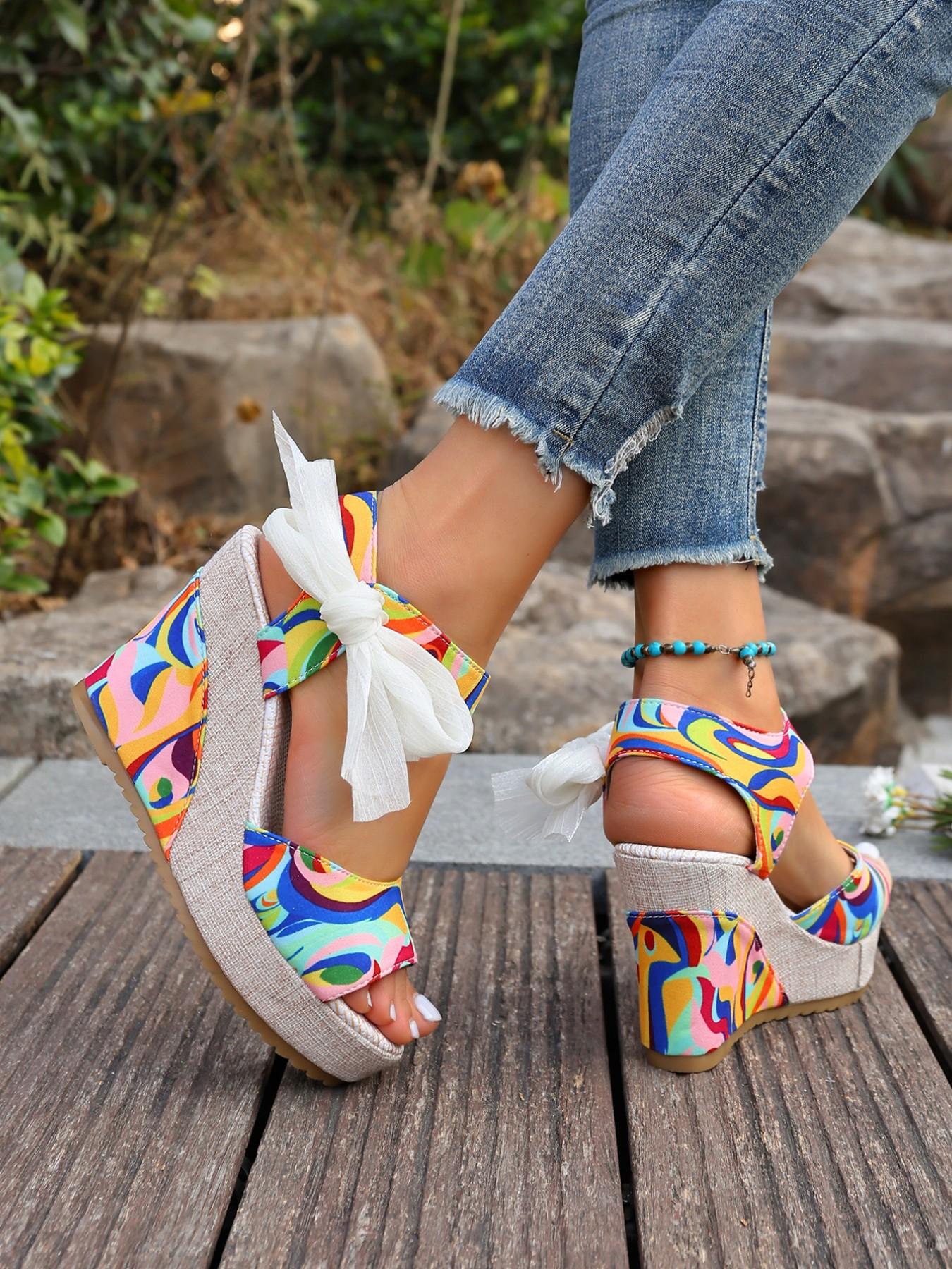 Women's Boho Abstract Colorblock Graffiti Print Shoes, Rhinestone Bow Detail, Chunky Textured Heel, Open Back Design, Versatile & Stylish