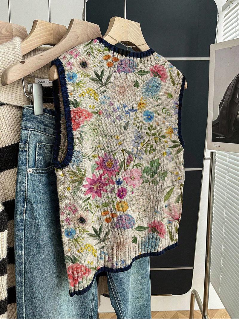 Women's Casual Loose-Fitting Round Neck Sleeveless Knit Top, Spring Summer Floral Print Sweater, Elegant for All Seasons