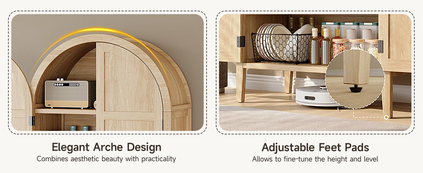 【SPOTLIGHT DAY】ONBRILL 71" Tall Arched Cabinet, 5-Tier Arched Kitchen Pantry with Glass Doors & Drawer, Modern Display Pantry Cabinets with Adjustable Feet, Wooden Pantry for Kitchen, Living Room Furniture, Dining Room Furniture