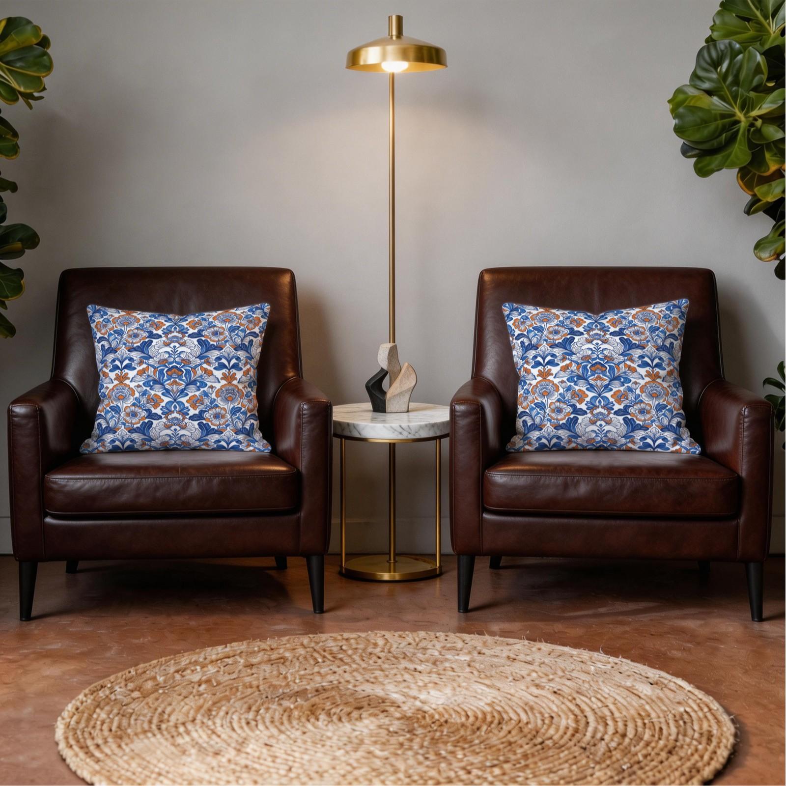 1 Piece Bohemian Blue Orange Floral Throw Pillow, HD Digital Printed Decorative Cushion, Aesthetic Boho Accent Pillow for Sofa, Couch, Bed and Living Room Home Decor