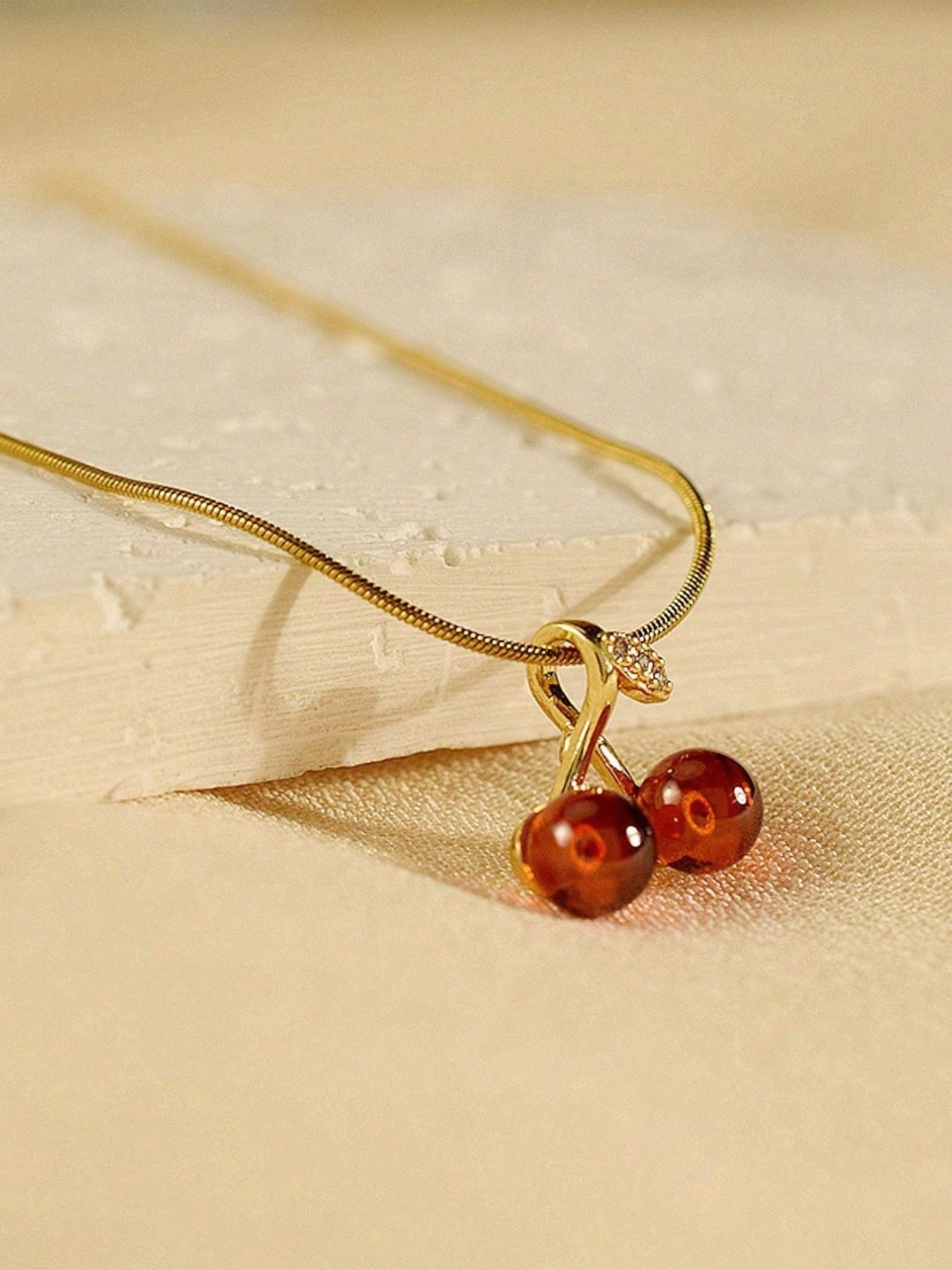 Cute Fashion Crystal Cherry Copper Pendant Stainless Steel Necklace, Valentine's Day Gift Jewelry for Women, All Seasons Wear