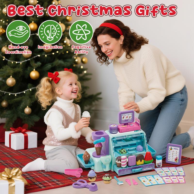 Lehoo Castle 45 pcs Ice Cream Toys, Ice Cream Counter Playset with Sound and Light, Pretend Play Toy, Complete ice cream stand, Gift for Boys and Girls age3+