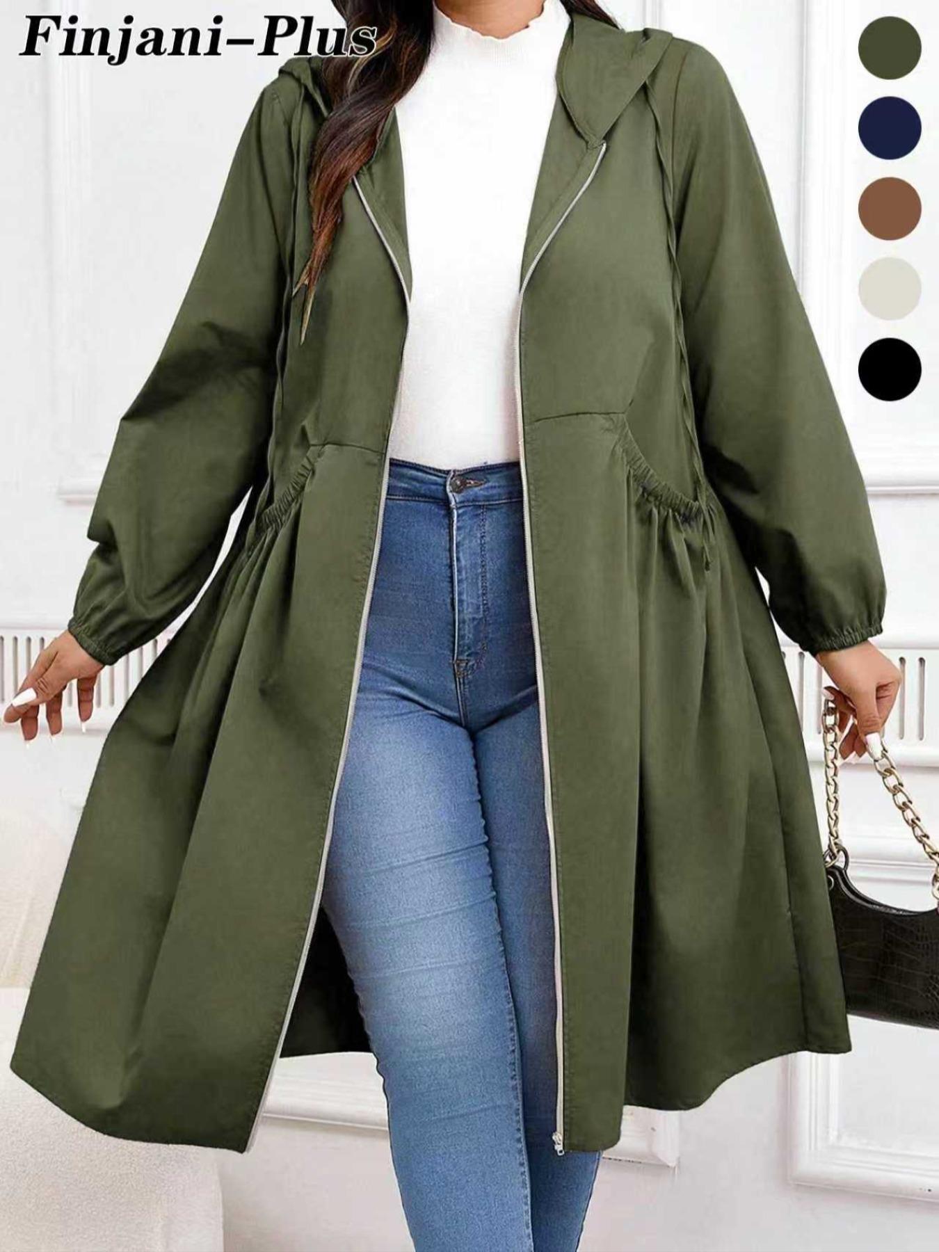 Plus Size Solid Drawstring Zip Up Hooded Coat, Casual Long Sleeve Pocket Outerwear for Fall & Winter, Women's Clothes for Daily Wear