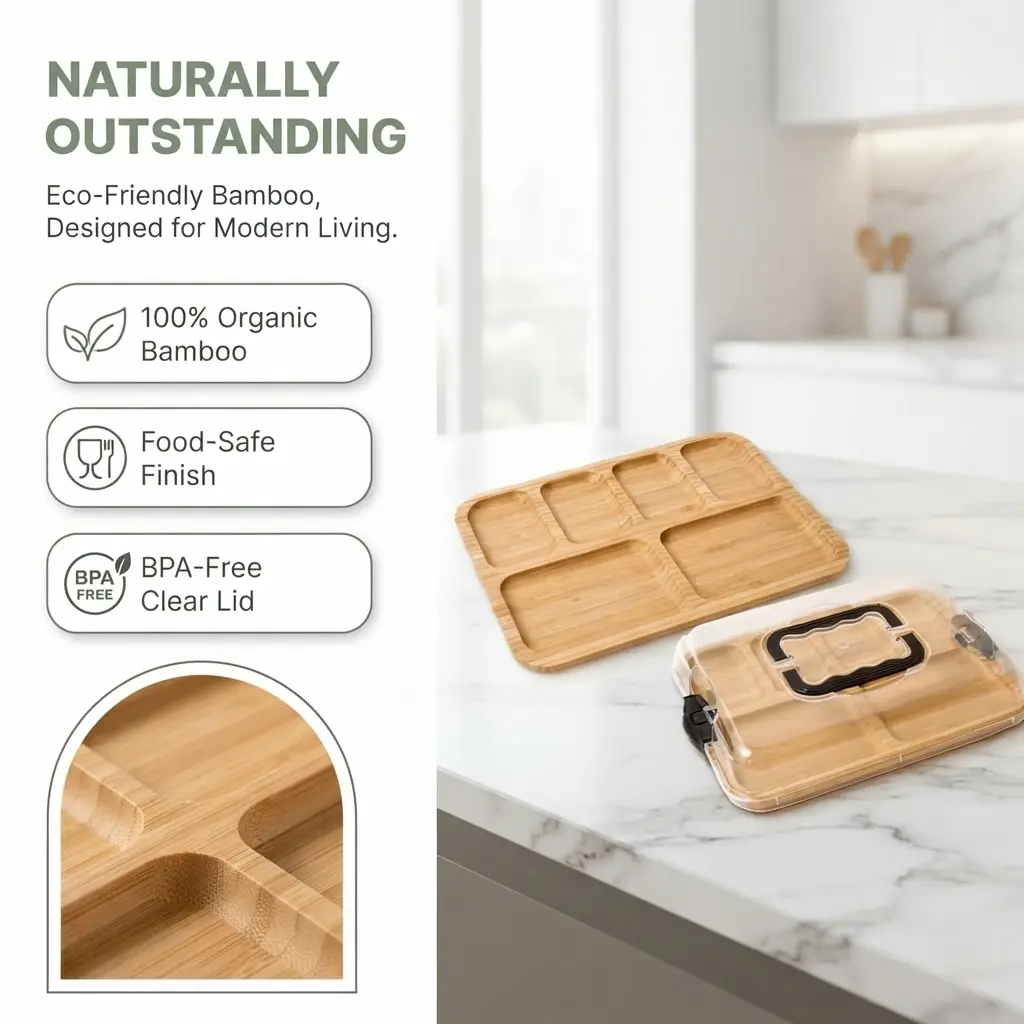 Stylish Living‑Room Organizer! Compartment Bamboo Fruit Tray, Multi‑Snack Platter With Clear Covered Storage Box