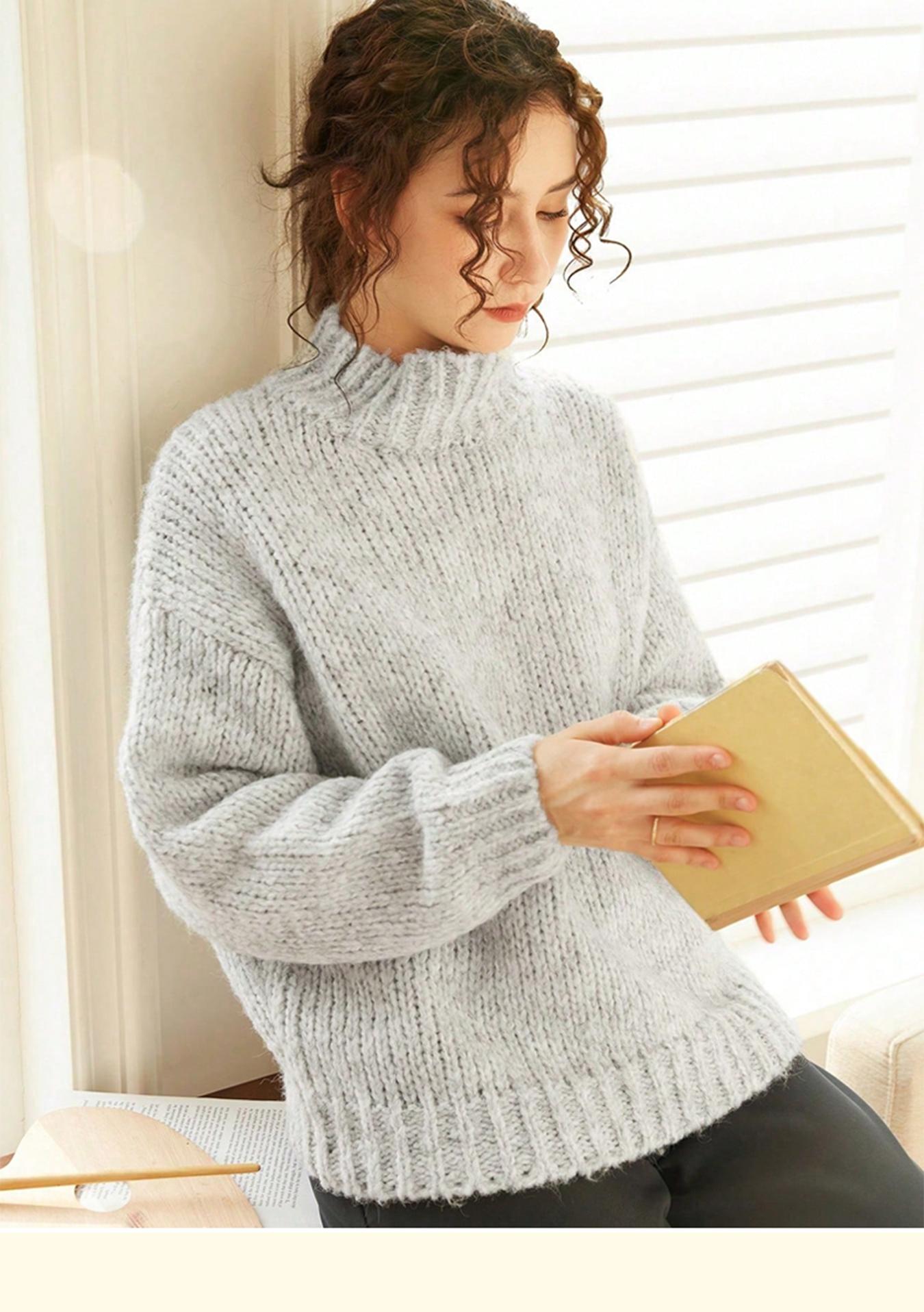 Women's Solid Drop Shoulder Knit Sweater, Casual Long Sleeve Jumper for Fall, Fashion Ladies' Knitwear for Daily Wear, Womenswear