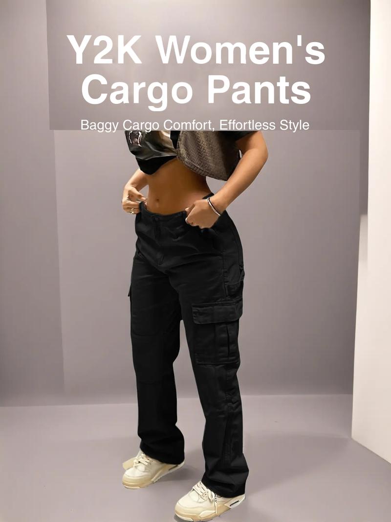 GILIPUR Y2K Women's Solid Multiple Pockets Cargo Pants, Plain Comfort Basic Streetwear Casual Comfy Pocket Design Trousers For Daily Wear, Going Out Bottoms, Autumn And Winter Women's Baggy Clothing, Womenswear, Casual Fit Trousers, Lady Loose Clothe