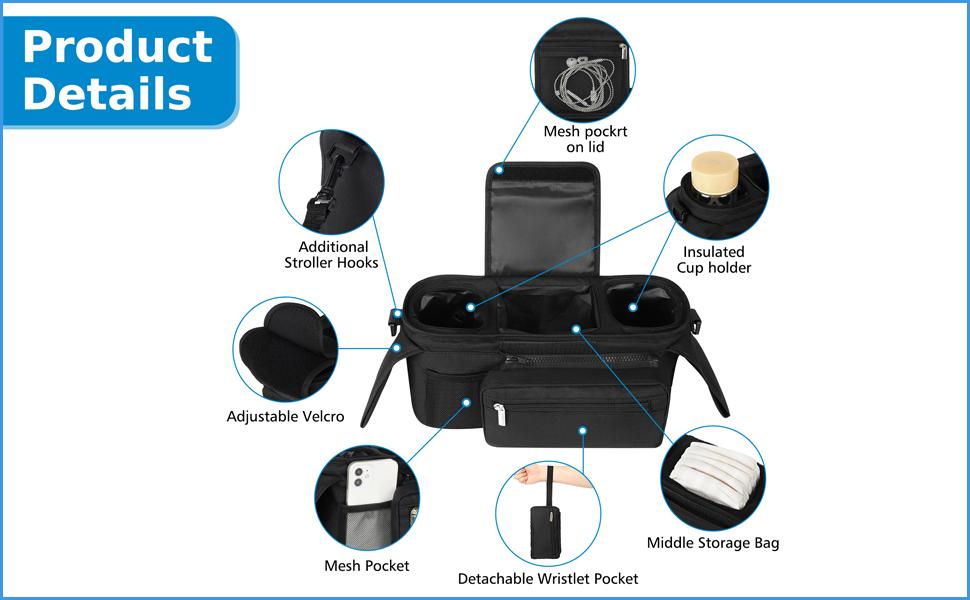 GMOX Universal Stroller Organizer Bag, Large Capacity Stroller Caddy with Insulated Cup Holders & Multi Pockets, Detachable Shoulder Strap Diaper Bag for Baby Stroller Travel Daily Use