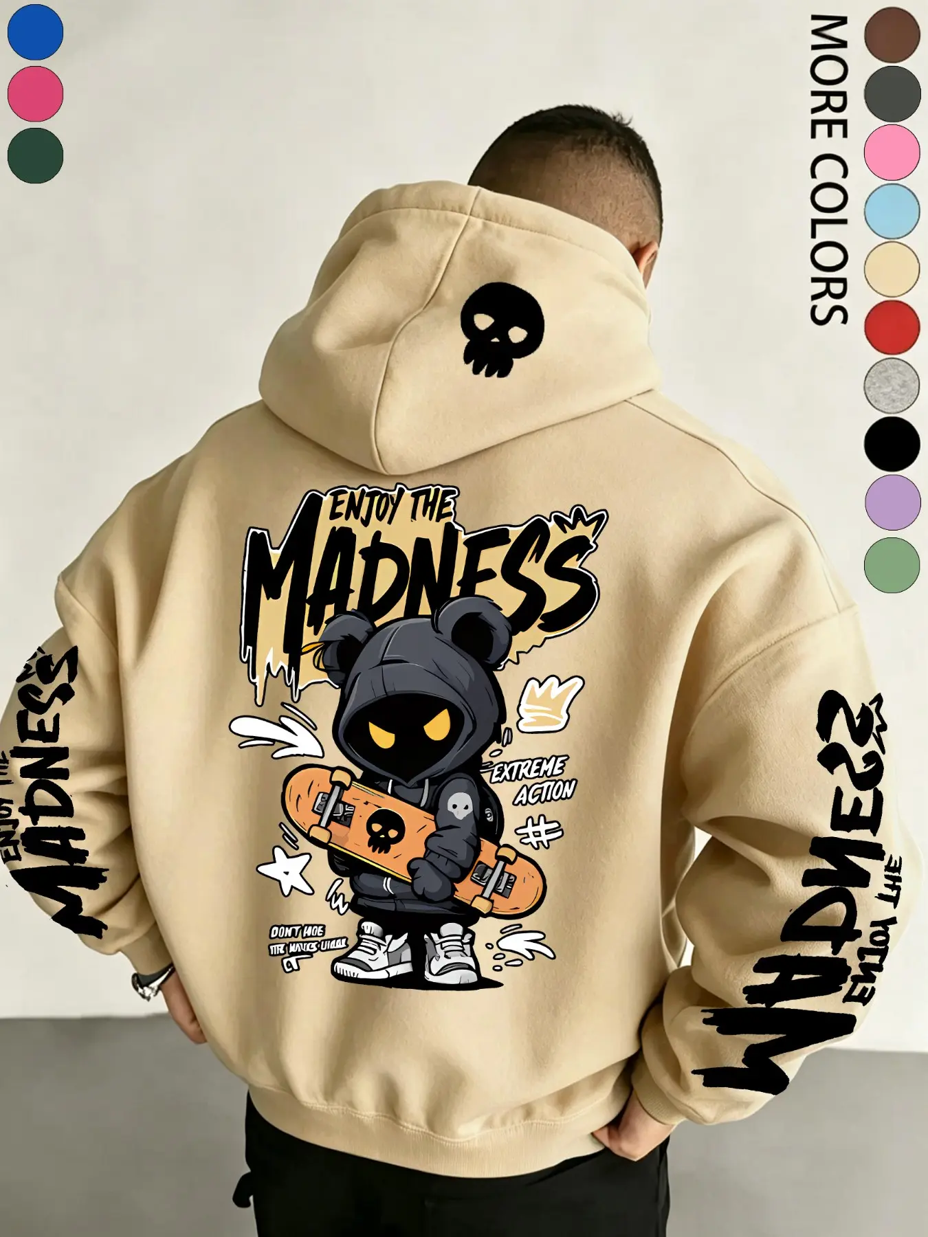 Men's Halloween Retro Cartoon Bear Hoodie, Soft Stretch Knit Fabric, Casual Loose Fit, All Seasons, Fun Style, Essential for Young Adults, Vintage Graphic Hoodie