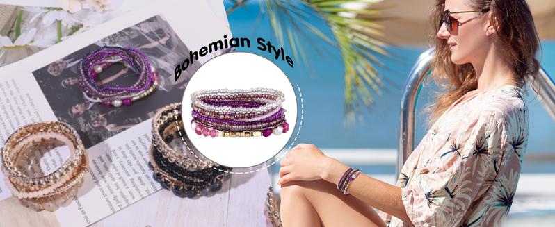 LOYALLOOK 6 Sets Bohemian Stackable Bead Bracelets for Women Stretch Bohemian Style Stretch Multilayered Boho Bracelet Set