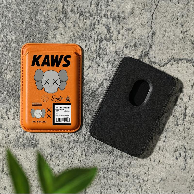 Trendy KAWS Collage Magnetic Smartphone Card Holder - Strong Polyurethane Leather Handheld Cover for iPhone 17/16/15/14/13/12, Samsung/Google/Motorola, Holds 2 Cards, Includes Free Metal Ring Adapter for Cellphone Protection, Mobile