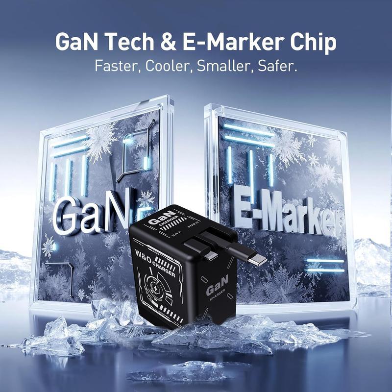 GaN Charger Compatible with 120W Fast Charger with Retractable Type-C and ligting Cable,Portable Adapter for iPhone 16, iPad, MacBook,  Multi-Device Fast Charging, Folding Charing Cellphone Electronic